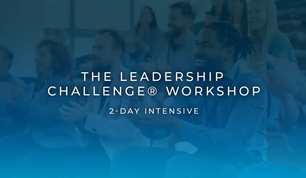 The Leadership Challenge® Workshop logo with participants engaged in applause during a 2-day intensive leadership development session.
