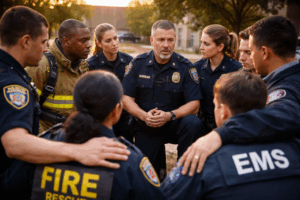Group of public safety professionals, including police officers, firefighters, and EMS personnel, engaged in a peer support discussion, emphasizing teamwork and emotional guidance during challenging times.